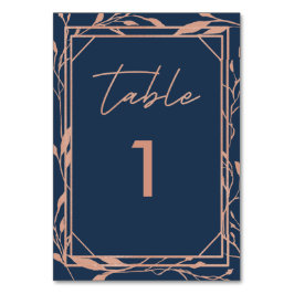 Tarjeta De Mesa Elegante Boda Botánica Azul Marino y Rosa Dorado