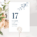 Tarjeta De Mesa Elegante, Boda botánico azul minimalista<br><div class="desc">Guíe a sus invitados a su mesa con esta elegante tarjeta de numero de la mesa de bodas. Diseño elegante y sencillo con nombres a un lado y el "y" en caligrafía escrita a mano moderna. Delicados detalles de un rincón de vegetación botánica a mano. Por favor, haga un pedido...</div>