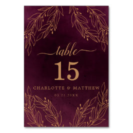 Tarjeta De Mesa Elegante Boda botánico de Borgoña y Oro