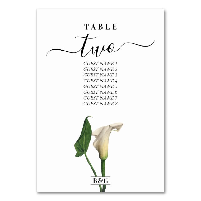 Tarjeta De Mesa Elegante Boda botánico de Calla Blanca Lily Green (Anverso)