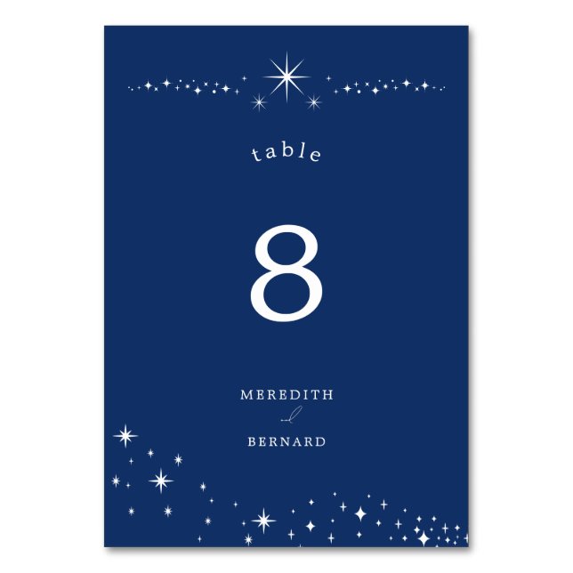 Tarjeta De Mesa Elegante Boda Celestial Estrellas Azul Marino (Anverso)