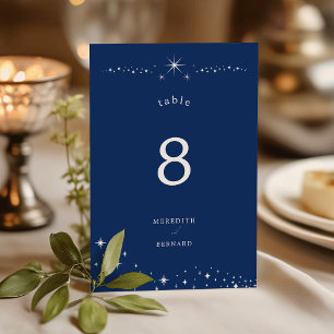 Tarjeta De Mesa Elegante Boda Celestial Estrellas Azul Marino
