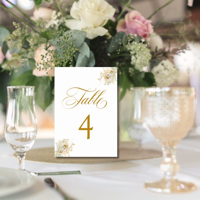 Tarjeta De Mesa Elegante Boda con guión dorado Floral Tabla número (Subido por el creador)