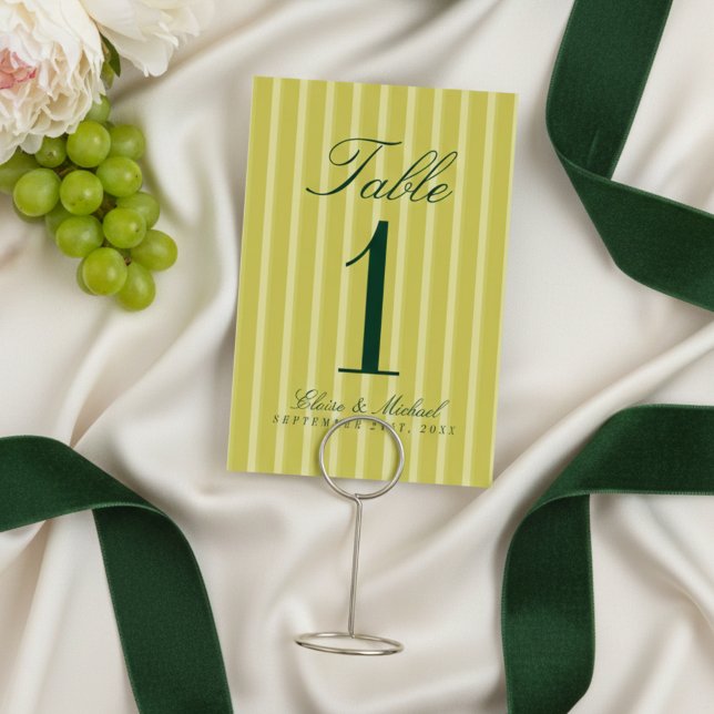 Tarjeta De Mesa Elegante Boda con Patrón de Raya Simple Chartreuse (Elegant Chartreuse Simple Stripe Pattern Wedding Table Number)