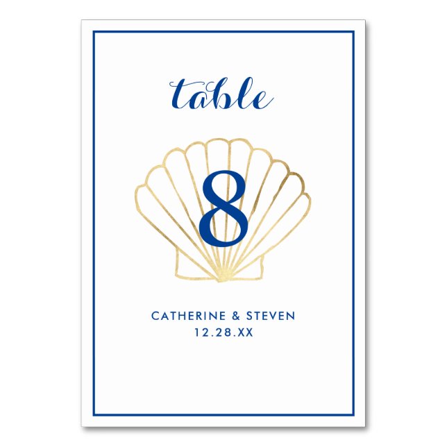 Tarjeta De Mesa Elegante Boda costero de la concha dorada (Anverso)