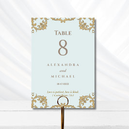 Tarjeta De Mesa Elegante Boda Cristiana Barroca Azul Ornamental