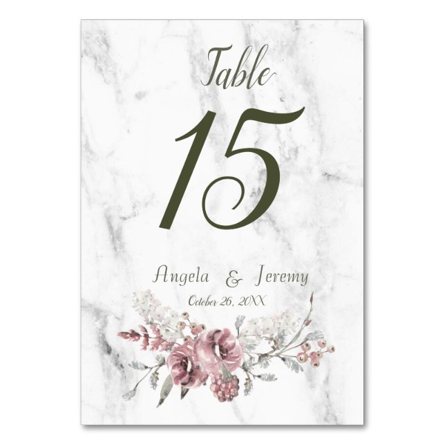 Tarjeta De Mesa Elegante Boda de acuarela de mármol floral (Reverso)