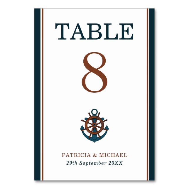 Tarjeta De Mesa Elegante Boda de Ancla de la Marina Náutica (Anverso)