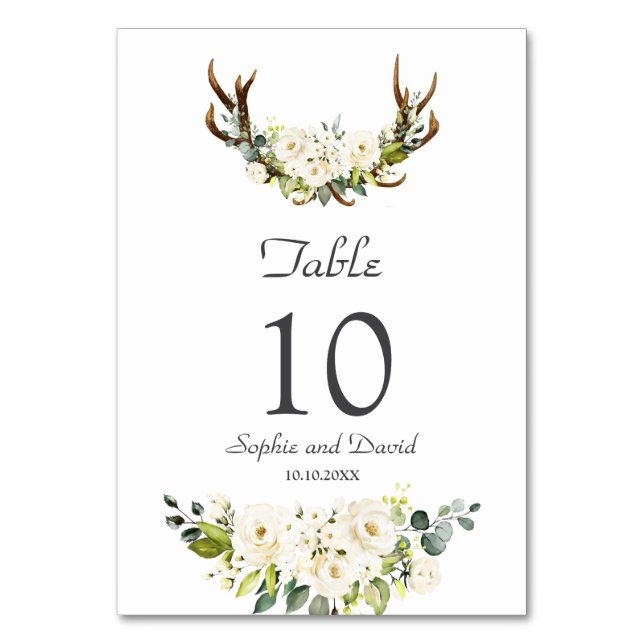 Tarjeta De Mesa Elegante Boda de Antlers de Flores de Crema Blanca (Anverso)