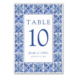 Tarjeta De Mesa Elegante Boda de azulejos azules mediterráneos