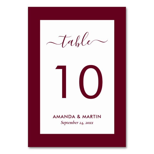 Tarjeta De Mesa Elegante Boda de Borgoña (Anverso)