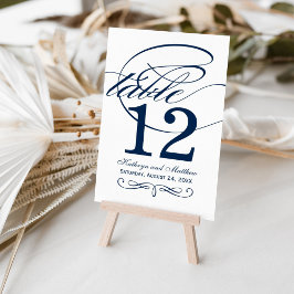 Tarjeta De Mesa Elegante Boda de caligrafía azul de la Marina
