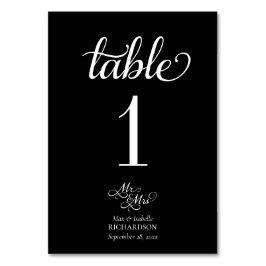 Tarjeta De Mesa Elegante Boda de caligrafía blanca y negra