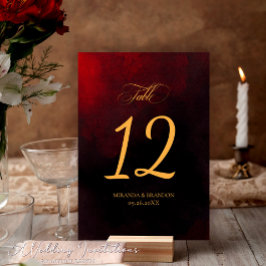 Tarjeta De Mesa Elegante Boda de caligrafía de oro rojo negro simp