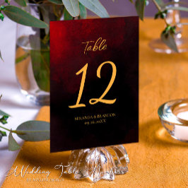Tarjeta De Mesa Elegante Boda de caligrafía de oro rojo y negro