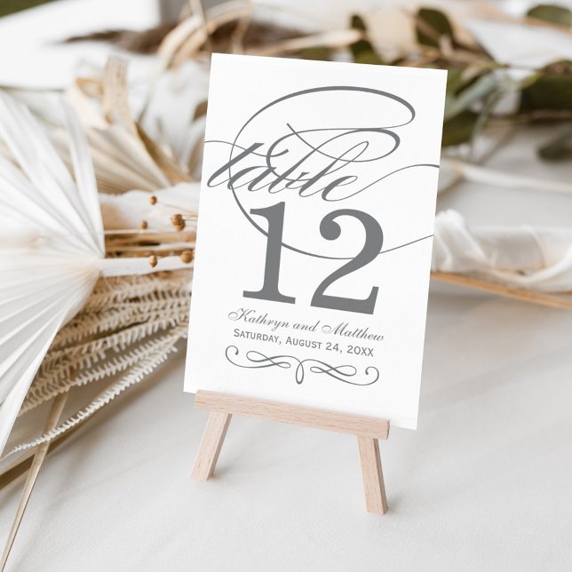 Tarjeta De Mesa Elegante Boda de caligrafía gris de carbón vegetal (Subido por el creador)