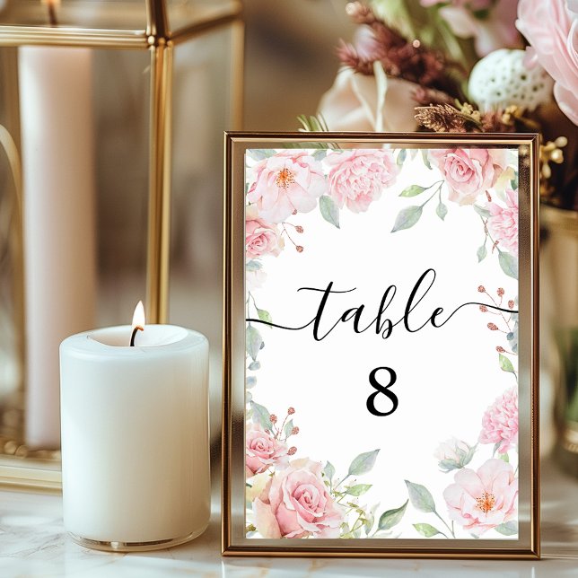 Tarjeta De Mesa Elegante Boda de caligrafía romántica de rosas ros (Elegant Pink Roses Romantic Calligraphy Wedding Table Number)