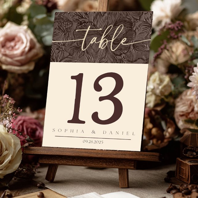 Tarjeta De Mesa Elegante Boda de chocolate Mocha Número de tabla d (Add a touch of luxury to your wedding reception with these elegant chocolate mocha table numbers. De)