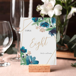 Tarjeta De Mesa Elegante Boda de color azul polvoriento dorado Flo