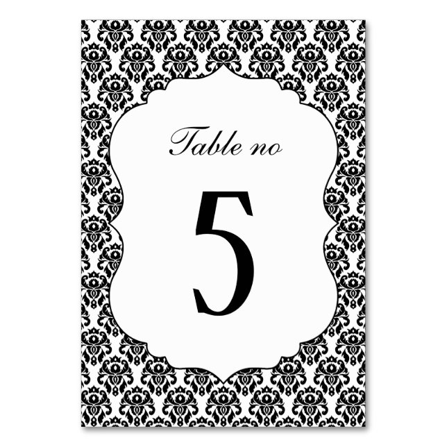 Tarjeta De Mesa Elegante Boda de Damasco Blanco Negro (Reverso)