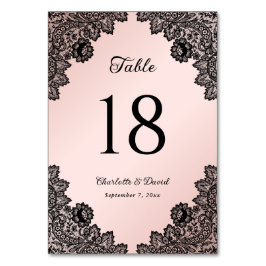 Tarjeta De Mesa Elegante Boda de encaje floral negro y rosa Rubor