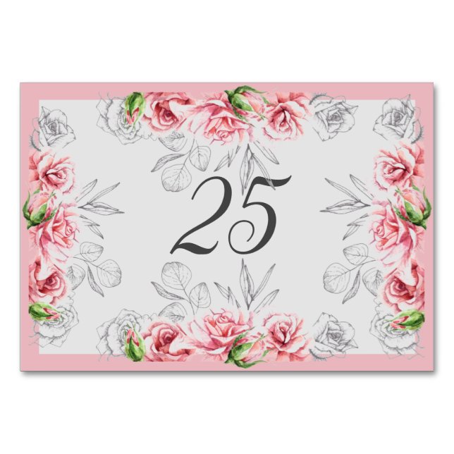 Tarjeta De Mesa Elegante Boda de escritura floral gris rosa (Anverso)