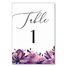 Tarjeta De Mesa Elegante boda de escritura floral morada acuarela