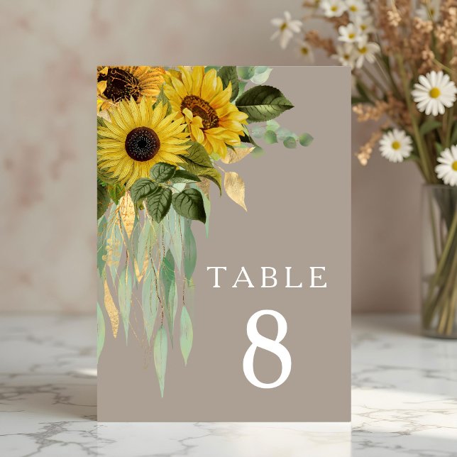 Tarjeta De Mesa Elegante Boda de Eucalyptus Taupe (Elegant Sunflower Eucalyptus Taupe Wedding Table Number)