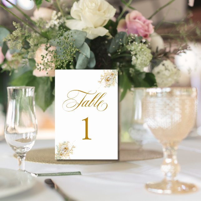 Tarjeta De Mesa Elegante Boda de flores con guión dorado Número 1 (Subido por el creador)