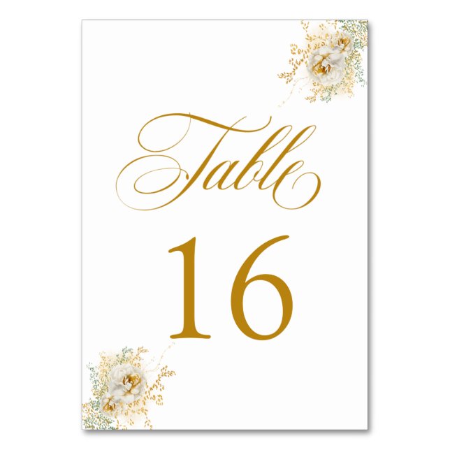 Tarjeta De Mesa Elegante Boda de flores con guión dorado número 16 (Anverso)