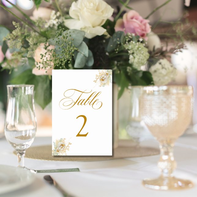 Tarjeta De Mesa Elegante Boda de flores con guión dorado Número 2 (Subido por el creador)