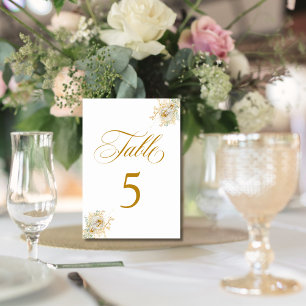 Tarjeta De Mesa Elegante Boda de flores con guión dorado Número 5