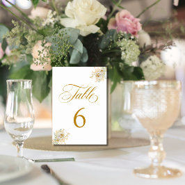 Tarjeta De Mesa Elegante Boda de flores con guión dorado Número 6