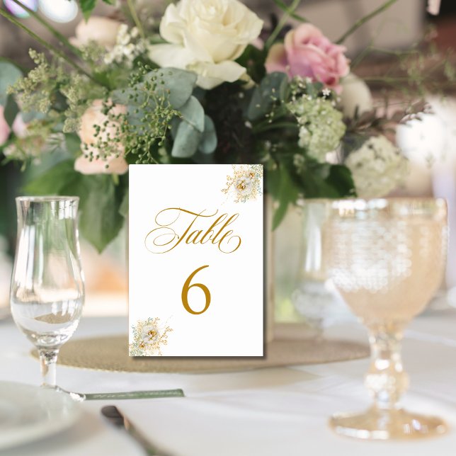 Tarjeta De Mesa Elegante Boda de flores con guión dorado Número 6 (Subido por el creador)