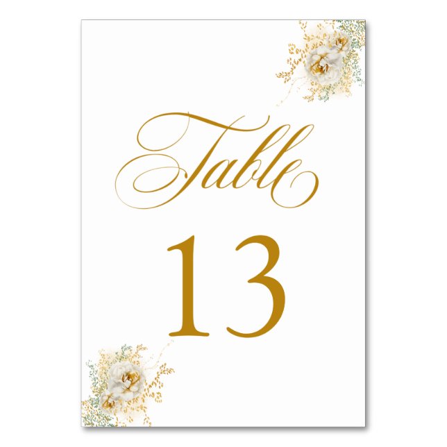 Tarjeta De Mesa Elegante Boda de flores con guión dorado número de (Anverso)