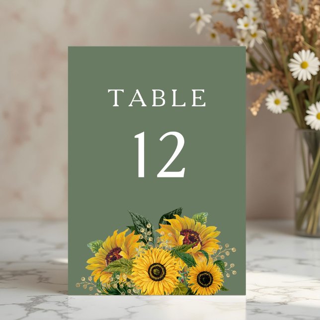 Tarjeta De Mesa Elegante Boda de Flores Florales Verdes (Elegant Green Floral Sunflowers Wedding Table Number)