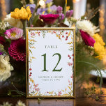 Tarjeta De Mesa Elegante Boda de flores silvestres de verano<br><div class="desc">Elegante tarjeta de mesa boda de flores silvestres con el número de la mesa, sus nombres y fecha boda mostrados con letras verdes rodeadas de un marco de flores acuarelas y follaje en tonos dorados, amarillos, rosados y morados. Las tarjetas de la mesa de las flores silvestres acuáticas son perfectas...</div>
