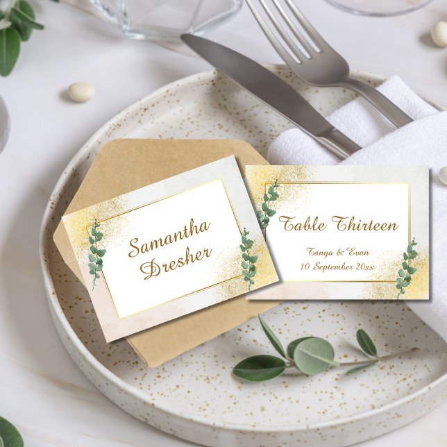 Tarjeta De Mesa Elegante Boda de fotografía verde y dorada (ELEGANT GREEN & GOLD WEDDING PLACE CARD)