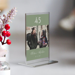 Tarjeta De Mesa Elegante Boda de fotos verde de guion blanco