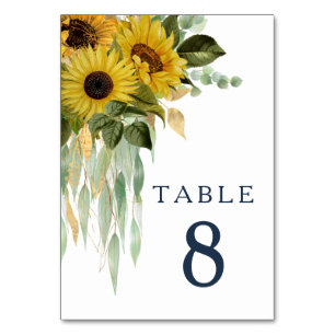 Tarjeta De Mesa Elegante Boda de girasol floral azul de la marina