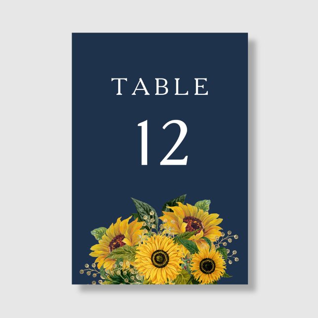 Tarjeta De Mesa Elegante Boda de girasoles azules de la Marina (Elegant Navy Blue Sunflowers Wedding Table Number)