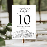 Tarjeta De Mesa Elegante Boda de granero rústico<br><div class="desc">Cartas de números de mesa rústicas de granero con un ilustracion esbozado de un granero y bosque en la parte inferior del diseño con un fondo blanco. La "tabla" se muestra en una caligrafía negra elegante con el número de tabla que se muestra a continuación. Personalice la tarjeta con sus...</div>