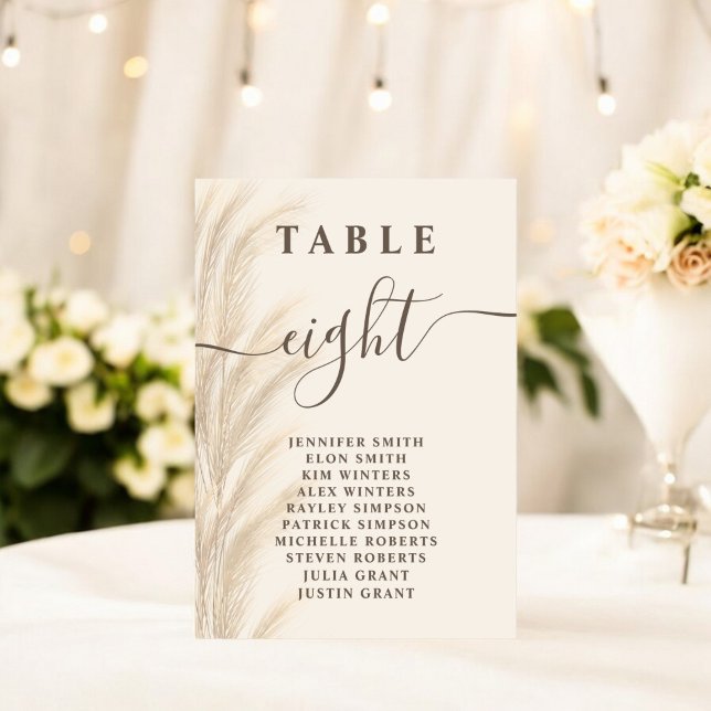 Tarjeta De Mesa Elegante Boda de Grass Boho Beige Pampas (Elegant Boho Beige Pampas Grass Wedding Table Number)
