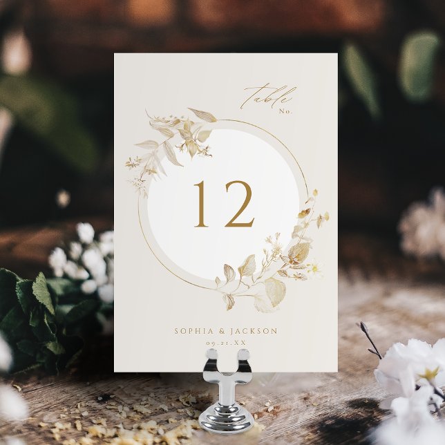 Tarjeta De Mesa Elegante Boda de guirnaldas botánicas florales de  (Elegant Gold Botanical Floral Wreath Wedding Table Number)