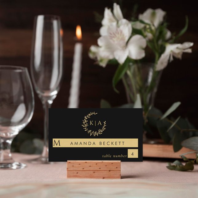 Tarjeta De Mesa Elegante Boda de guirnaldas de monograma negro y o (Subido por el creador)