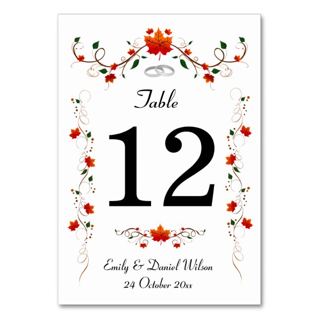 Tarjeta De Mesa Elegante Boda de hojas de otoño (Anverso)