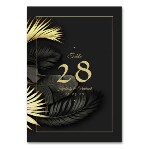Tarjeta De Mesa Elegante Boda de hojas tropicales de oro y negro