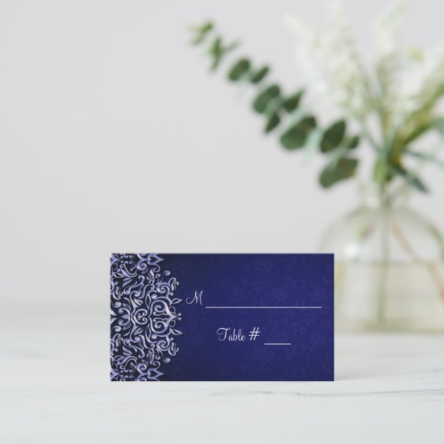 Tarjeta De Mesa Elegante Boda de Invierno Azul y Blanco Damasco (Anverso de pie)