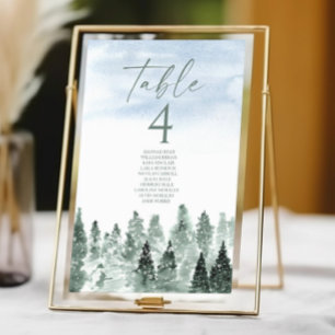Tarjeta De Mesa Elegante Boda de Invierno con Pinos Verdes Nevados