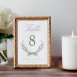 Tarjeta De Mesa Elegante Boda de Lavanda de color de agua con guio<br><div class="desc">Elegante número de mesas de lila y boda verde con tallos de lavanda acuarela dispuestos en una corona abierta. El titular "Table" está en letra de guión lilac. Personalice su nombre y fecha de boda.</div>